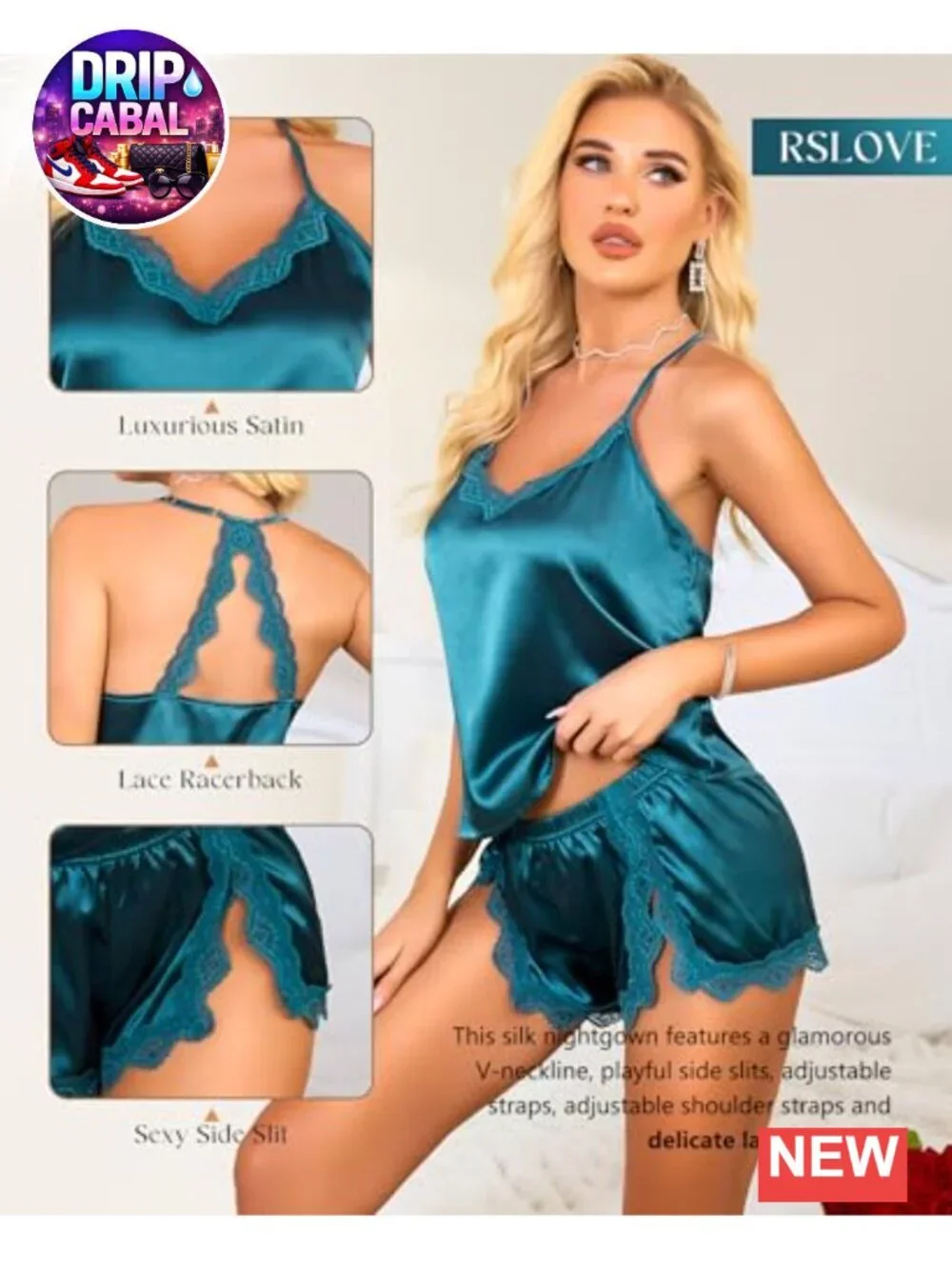Satin Pajama Set Women V-Neck Lace Trim Cami Shorts 2 Piece Sleepwear